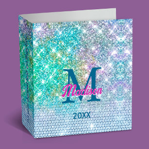 Cute Turquoise unicorn faux glitter monogram 3 Ring Binder