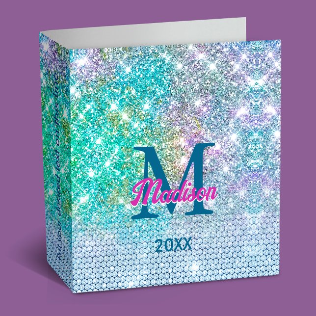 Cute Turquoise unicorn faux glitter monogram 3 Ring Binder (Creator Uploaded)