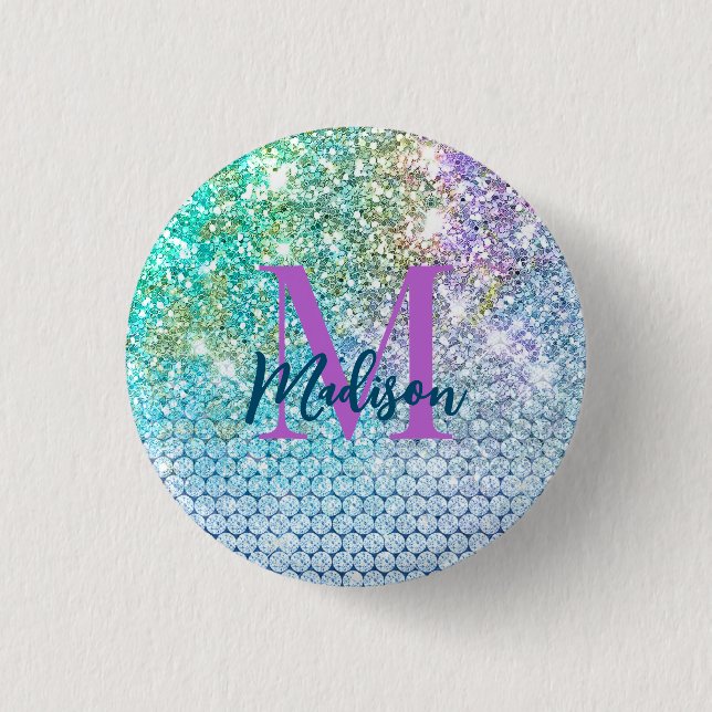 Cute Turquoise unicorn faux glitter monogram  Button (Front)