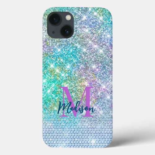 Cute Turquoise unicorn faux glitter monogram iPhone 13 Case