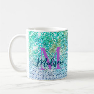 Cute Turquoise unicorn faux glitter monogram Coffee Mug