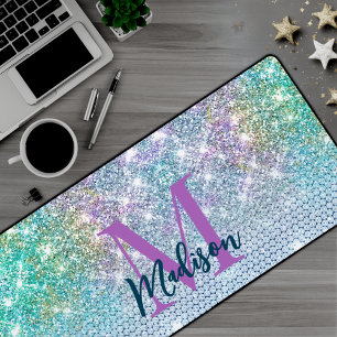 Cute Turquoise unicorn faux glitter monogram Desk Mat