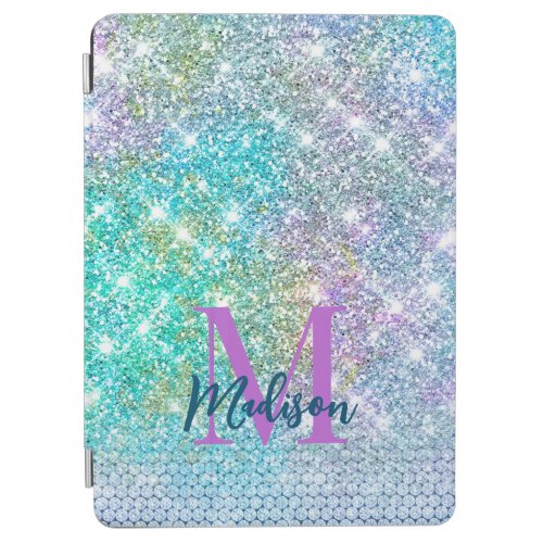 Cute Turquoise unicorn faux glitter monogram iPad Air Cover