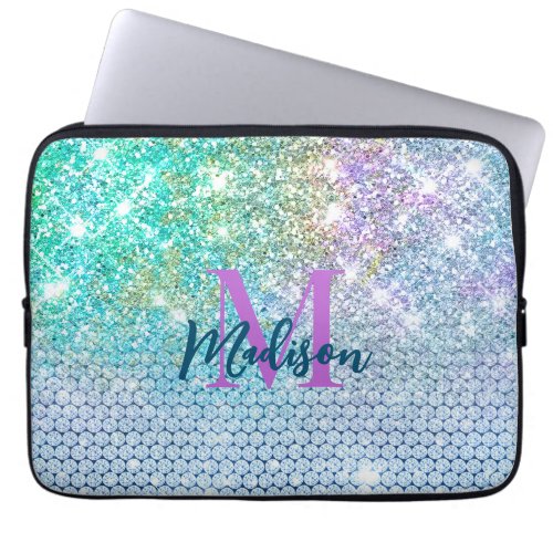 Cute Turquoise unicorn faux glitter monogram Laptop Sleeve