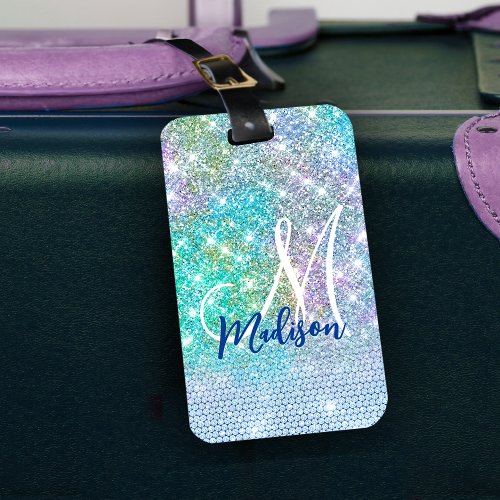 Cute Turquoise unicorn faux glitter monogram  Luggage Tag