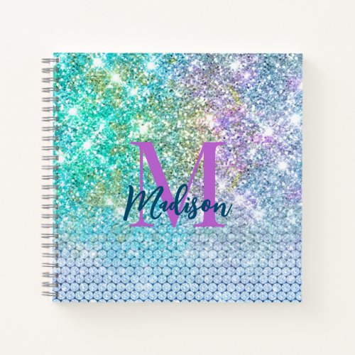Cute Turquoise unicorn faux glitter monogram Noteb Notebook
