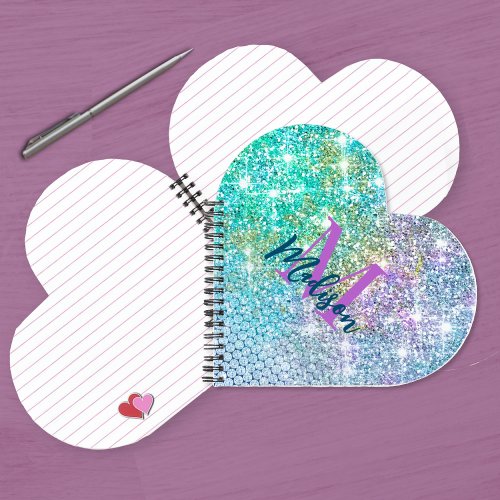 Cute Turquoise unicorn faux glitter monogram Noteb Notebook