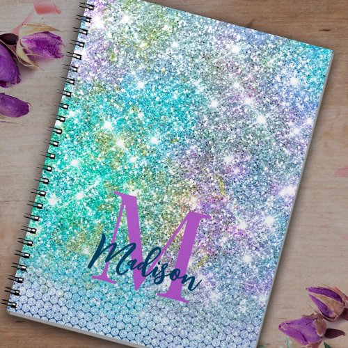 Cute Turquoise unicorn faux glitter monogram Notebook