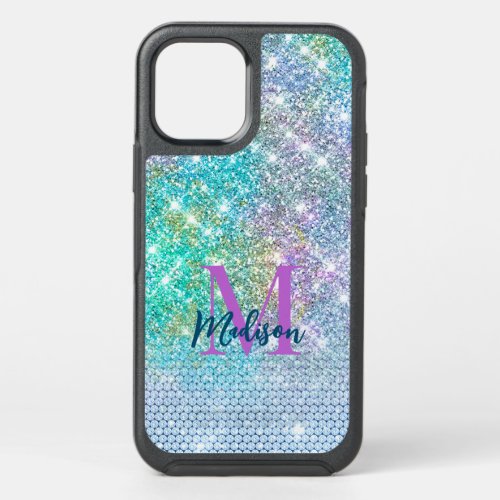 Cute Turquoise unicorn faux glitter monogram  OtterBox Symmetry iPhone 12 Pro Case