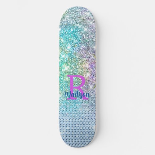 Cute Turquoise unicorn faux glitter monogram Skateboard