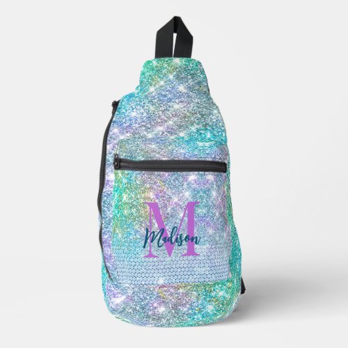 Cute Turquoise unicorn faux glitter monogram Sling Bag