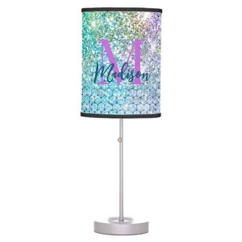 Cute Turquoise unicorn faux glitter monogram Table Lamp