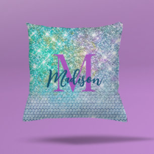 Cute Turquoise unicorn faux glitter monogram Throw Pillow