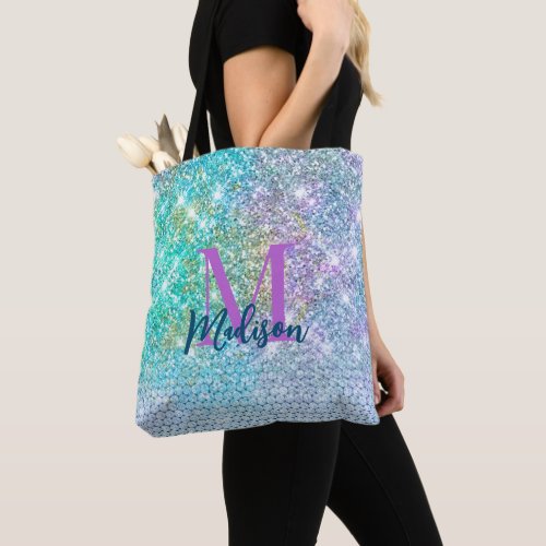 Cute Turquoise unicorn faux glitter monogram Tote Bag