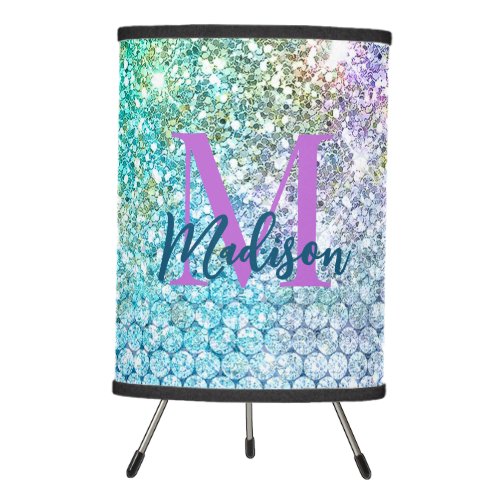 Cute Turquoise unicorn faux glitter monogram Tripod Lamp