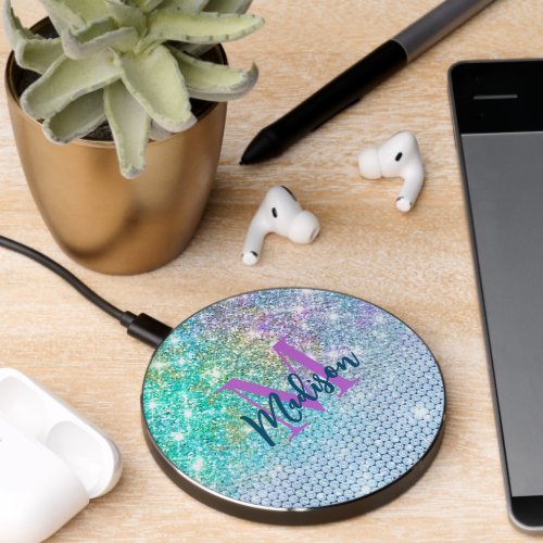 Cute Turquoise unicorn faux glitter monogram Wireless Charger