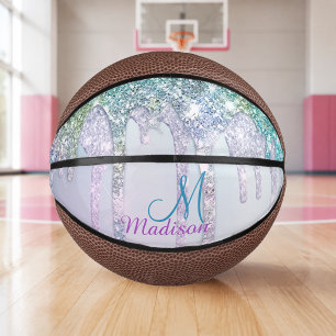 Cute Turquoise Unicorn Rainbow Glitter Drips Mini Basketball