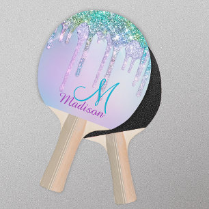 Cute Turquoise Unicorn Rainbow Glitter Drips Ping Pong Paddle