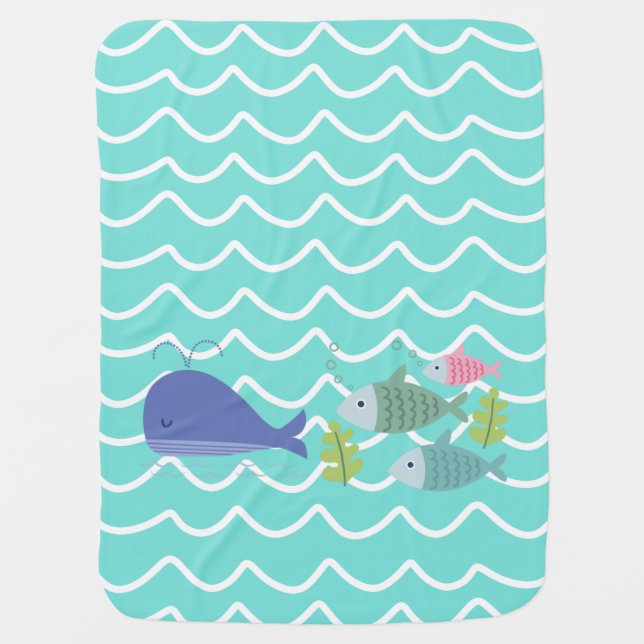 Cute Turquoise Whale & Fishy Baby and Kids Blanket (Front)