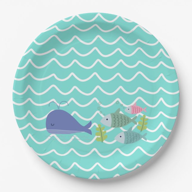 Cute Turquoise Whale & Fishy Paper Plates (Front)