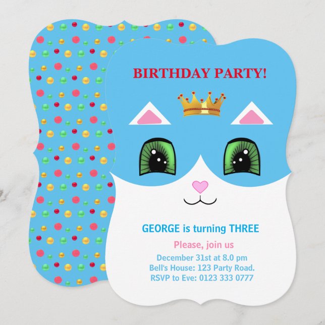Cute Turquoise & White Prince Tuxedo Cat Birthday Invitation (Front/Back)