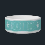 Cute Turquoise & White Starfish Beach Dog Bowl<br><div class="desc">Cute coastal style dog bowl for your beach house or island abode features the words "beach dog" in white farmhouse style lettering on a turquoise teal background accented with narrow stripes and a pair of white starfish.</div>