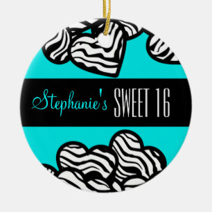 Cute Turquoise zebra heart Sweet 16 Ornament