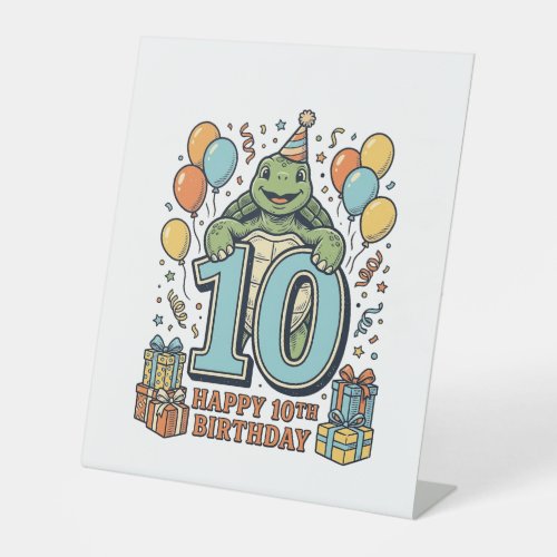 Cute Turtle 10th Birthday Vintage Party Design_1 Pedestal Sign