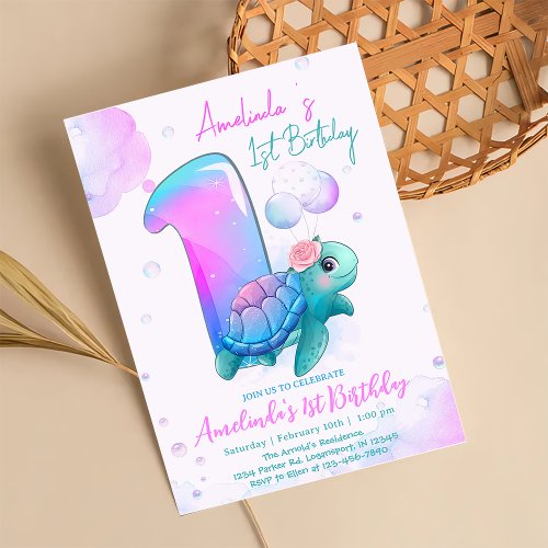 Cute Turtle 1st Birthday Party Personalized Invitation