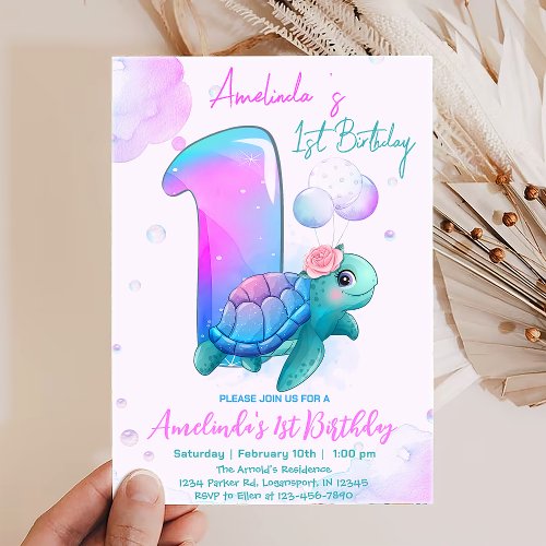 Cute Turtle 1st Birthday Party Personalized Invitation