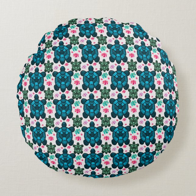 Cute Turtle and Floral Seamless Pattern  Notebook Round Pillow (Front)