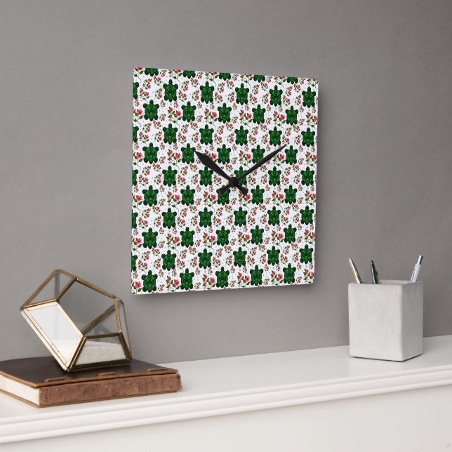 Cute Turtle and Floral Seamless Pattern  Square Wall Clock (Office)
