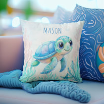 Cute turtle aqua blue personalized name baby gifts throw pillow