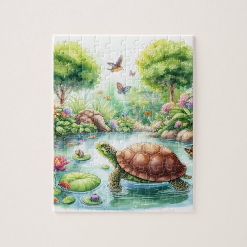 Cute turtle around and in a koi pond illustration jigsaw puzzle