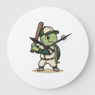Cute Turtle Baseball Batter Vintage Vector Art_1 Large Clock