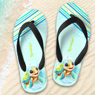 Cute Turtle Boy Personalized Name Kid's Flip Flops