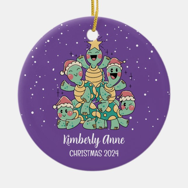 Cute Turtle Christmas Tree Snowy Winter Holiday Ceramic Ornament (Front)