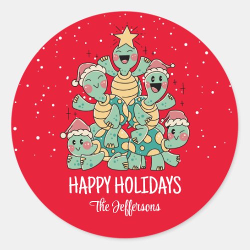 Cute Turtle Christmas Tree Snowy Winter Holiday Classic Round Sticker