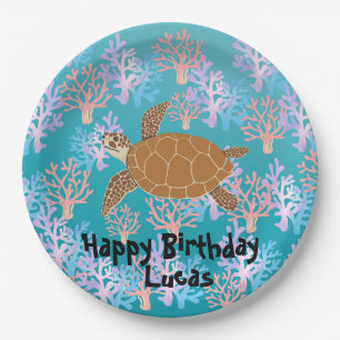 Cute turtle colorful coral fish sea Birthday kids Paper Plates