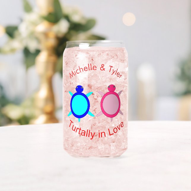 Cute Turtle Couple Custom Names Can Glass (Insitu (Wedding))