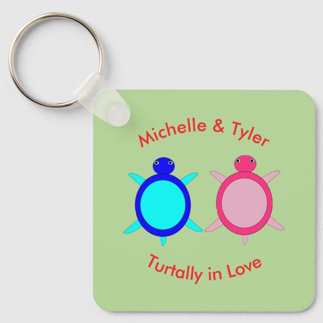 Cute Turtle Couple Custom Save the Date Wedding Keychain (Front)