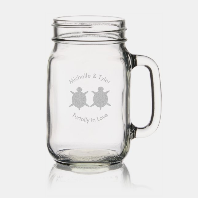 Cute Turtle Couple Custom Wedding Mason Jar W/ Handle (Glassware)