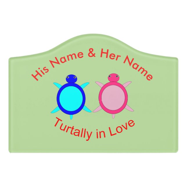 Cute Turtle Couple Personalized Door Sign (Small Crest Front)
