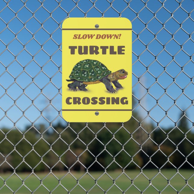 Cute Turtle Crossing Yellow Yard Street Slow Down Metal Sign (In Situ(Fence))