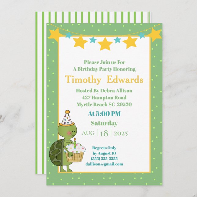 Cute Turtle Cupcake Candle Birthday Invitation (Front/Back)