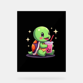 Cute turtle drinking boba. Funny Boba Turtles Love Acrylic Sign