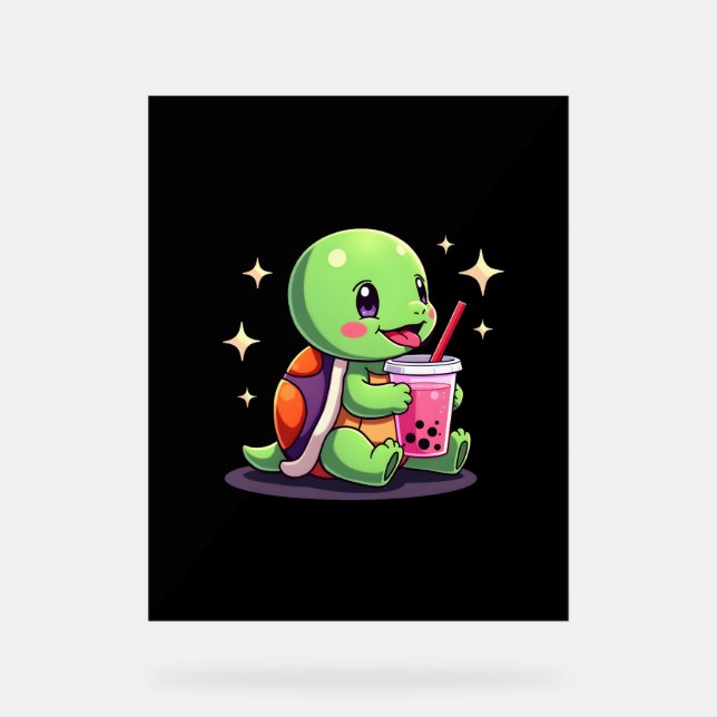 Cute turtle drinking boba. Funny Boba Turtles Love Acrylic Sign (Front)