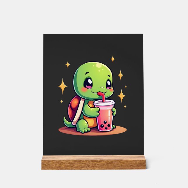 Cute turtle drinking boba. Funny Boba Turtles Love Acrylic Sign (Front)