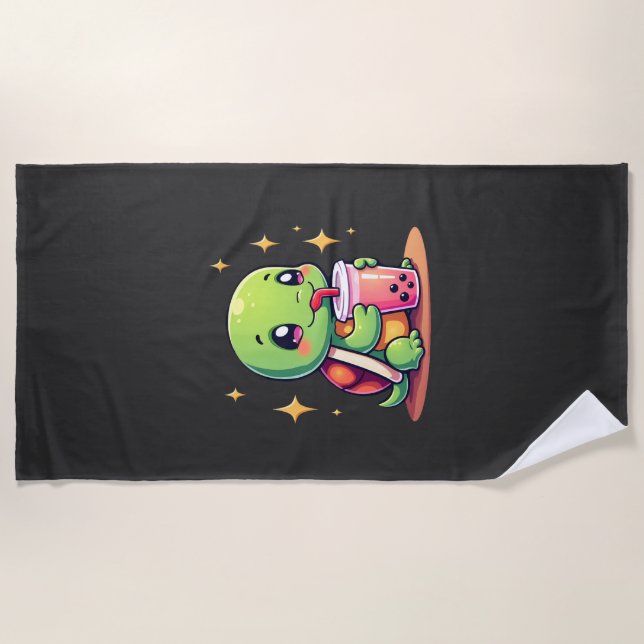 Cute turtle drinking boba. Funny Boba Turtles Love Beach Towel (Front)