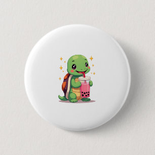 Cute turtle drinking boba. Funny Boba Turtles Love Button